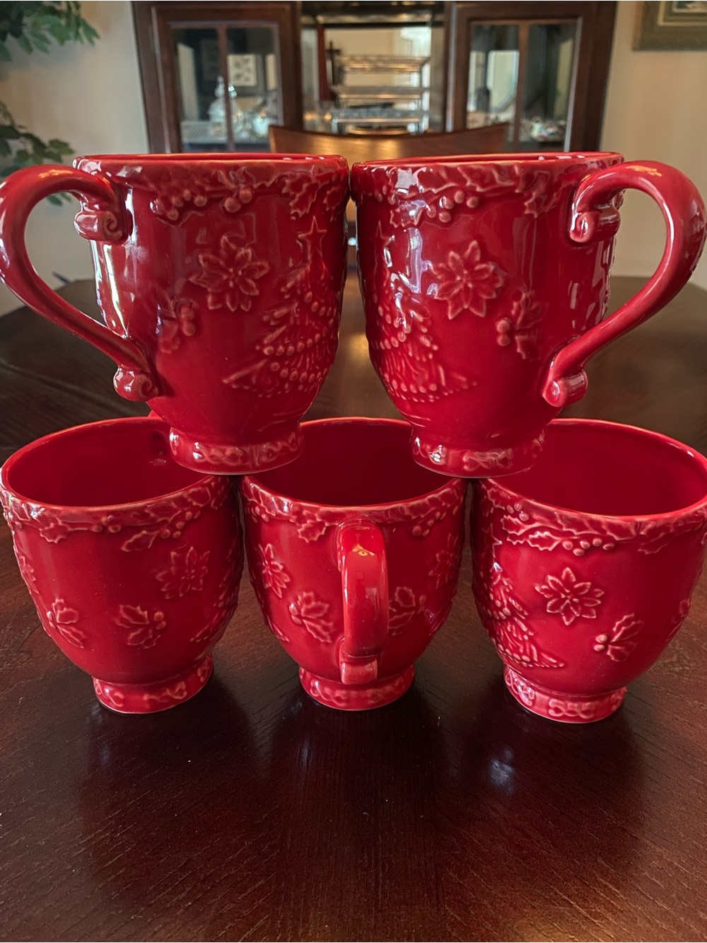 Bordallo Pinheiro Red Embossed Ceramic Christmas mugs - Set of 5 - Picture 2 of 13